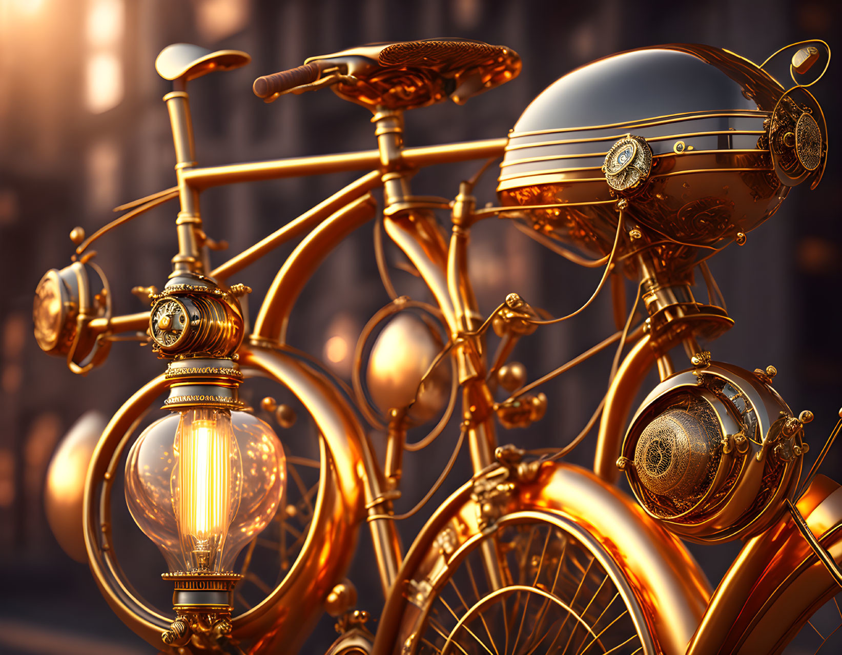 Vintage-styled bicycle with ornate golden details and matching helmet in urban setting.