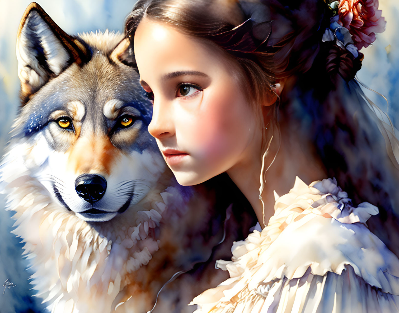 Digital artwork: Girl's face merges with wolf's, both gazing ahead on blue cloudy backdrop