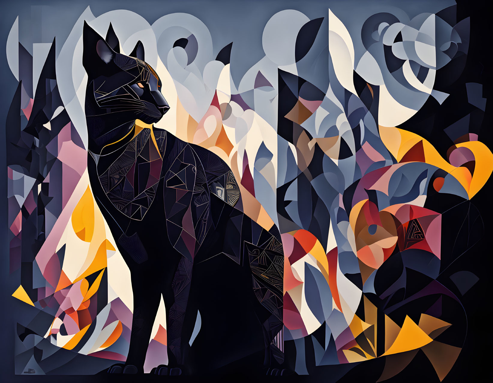 Geometric Black Cat Art on Colorful Cubist Background