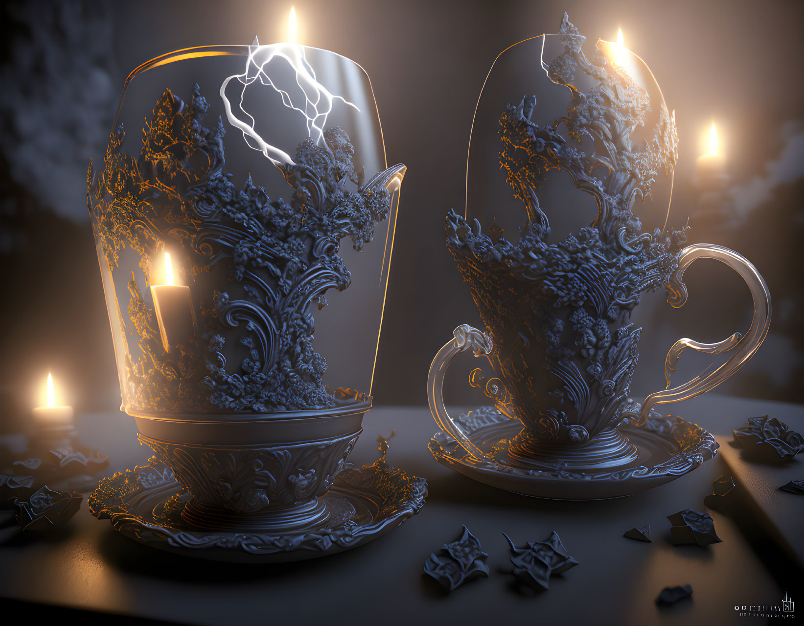 Baroque-style cups: One intact, one shattered, under candlelight