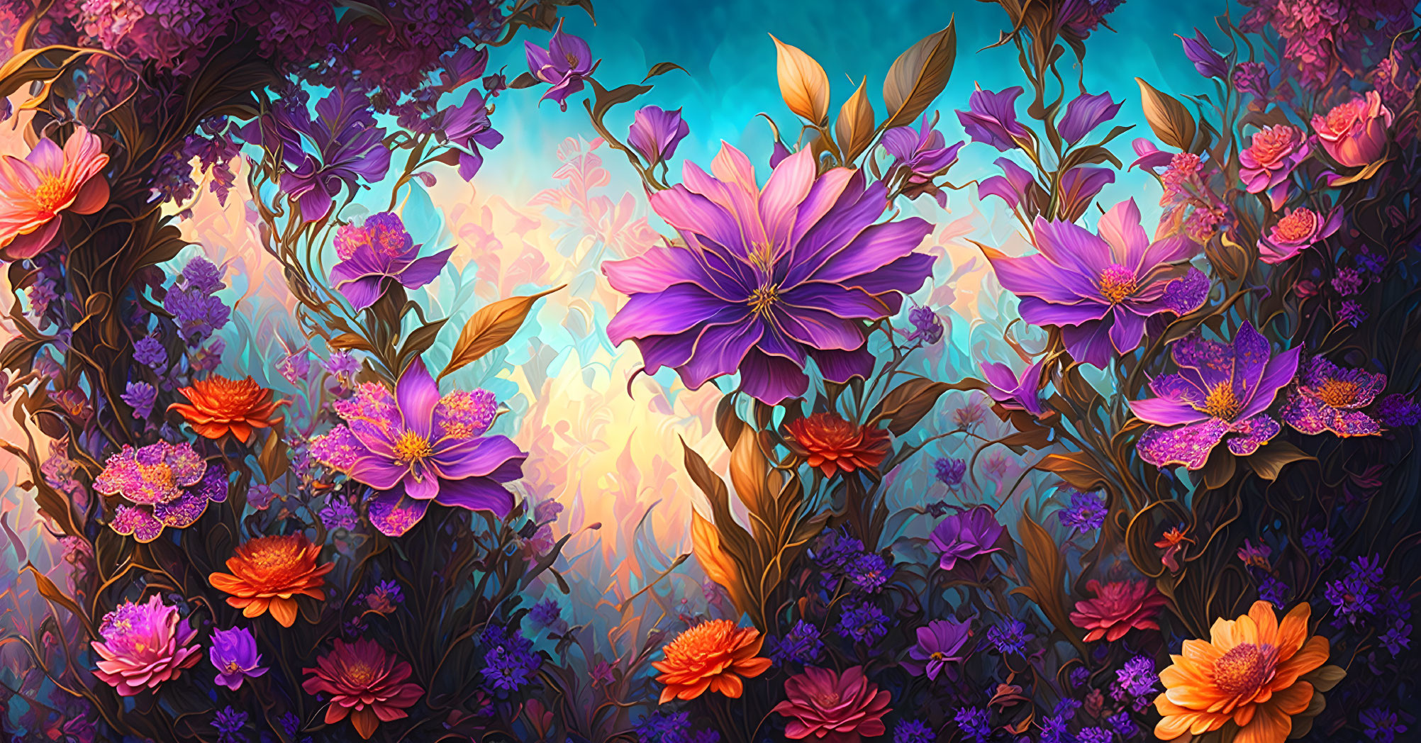 Colorful illustration of diverse flowers and lush foliage