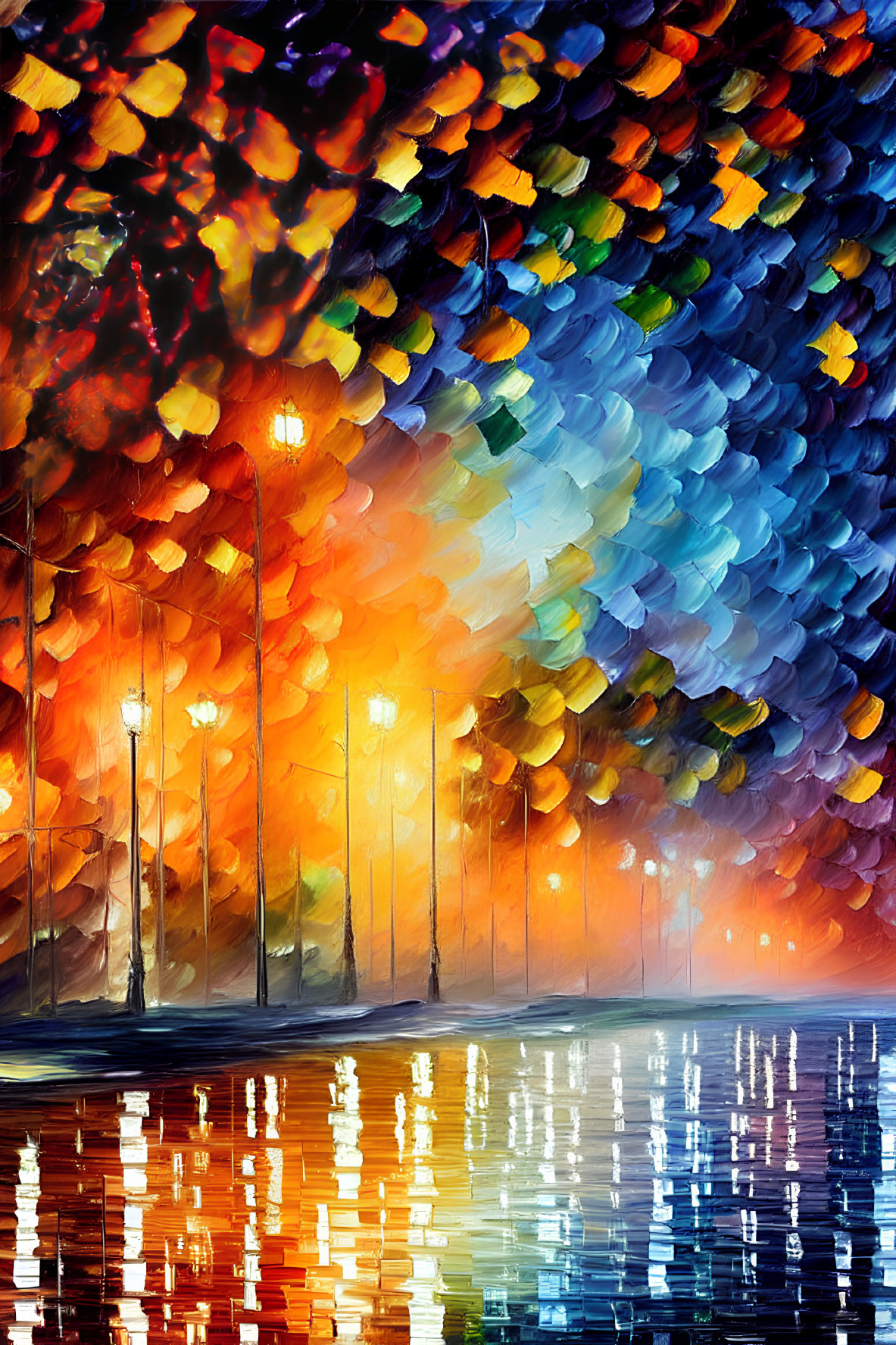 Colorful Impressionistic Painting of Tree-Lined Pathway with Glowing Streetlamps