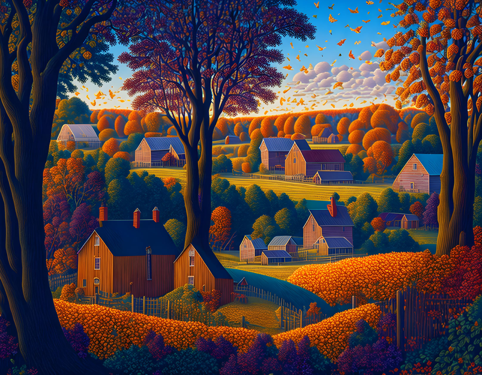Vibrant autumn countryside scene with farmhouses and birds