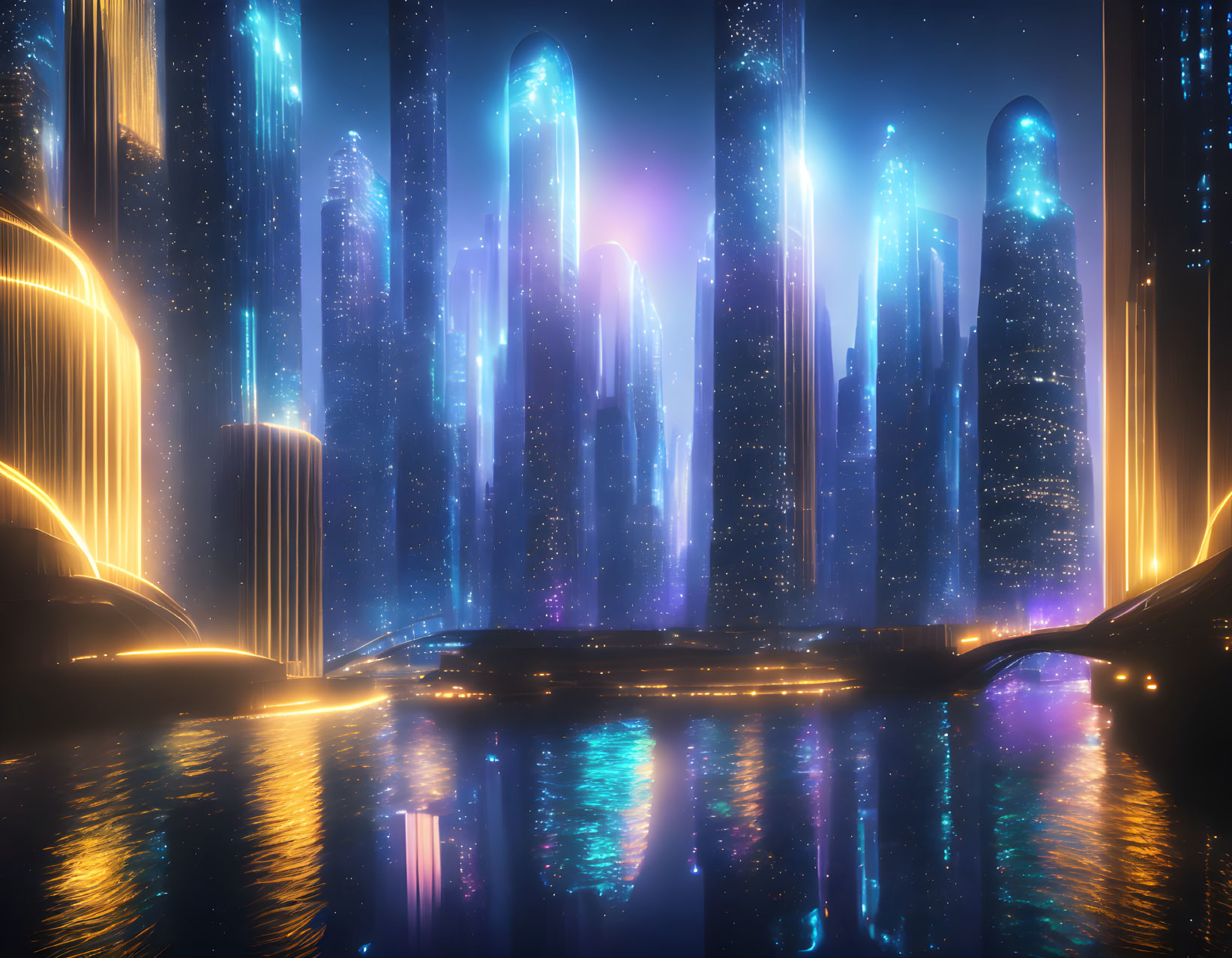 Futuristic night cityscape with glowing skyscrapers and neon lights