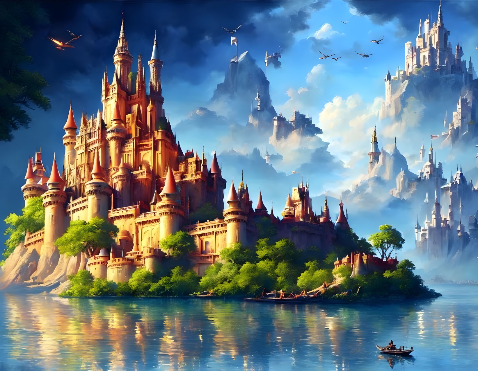 Fantasy castle with towering spires by lakeshore