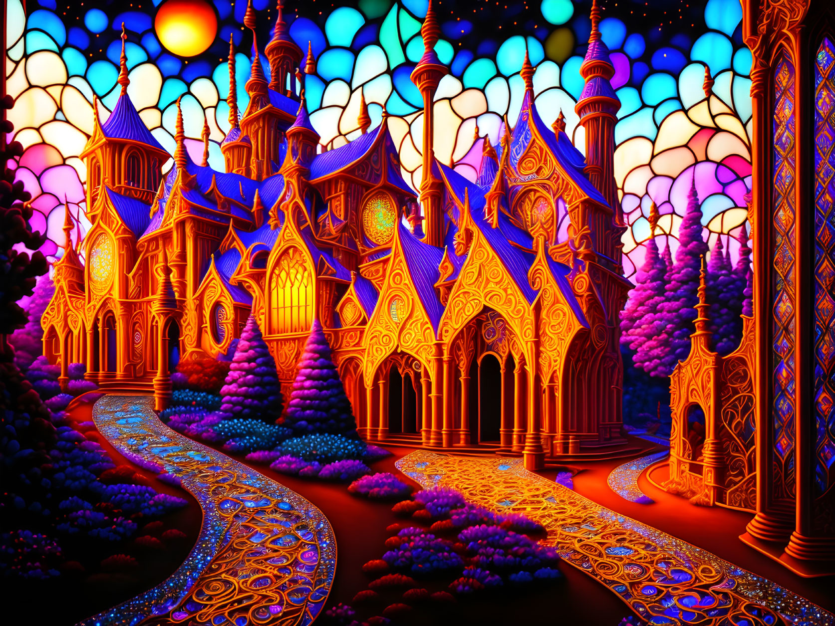 Colorful psychedelic palace illustration with intricate architecture and stained glass mosaic.