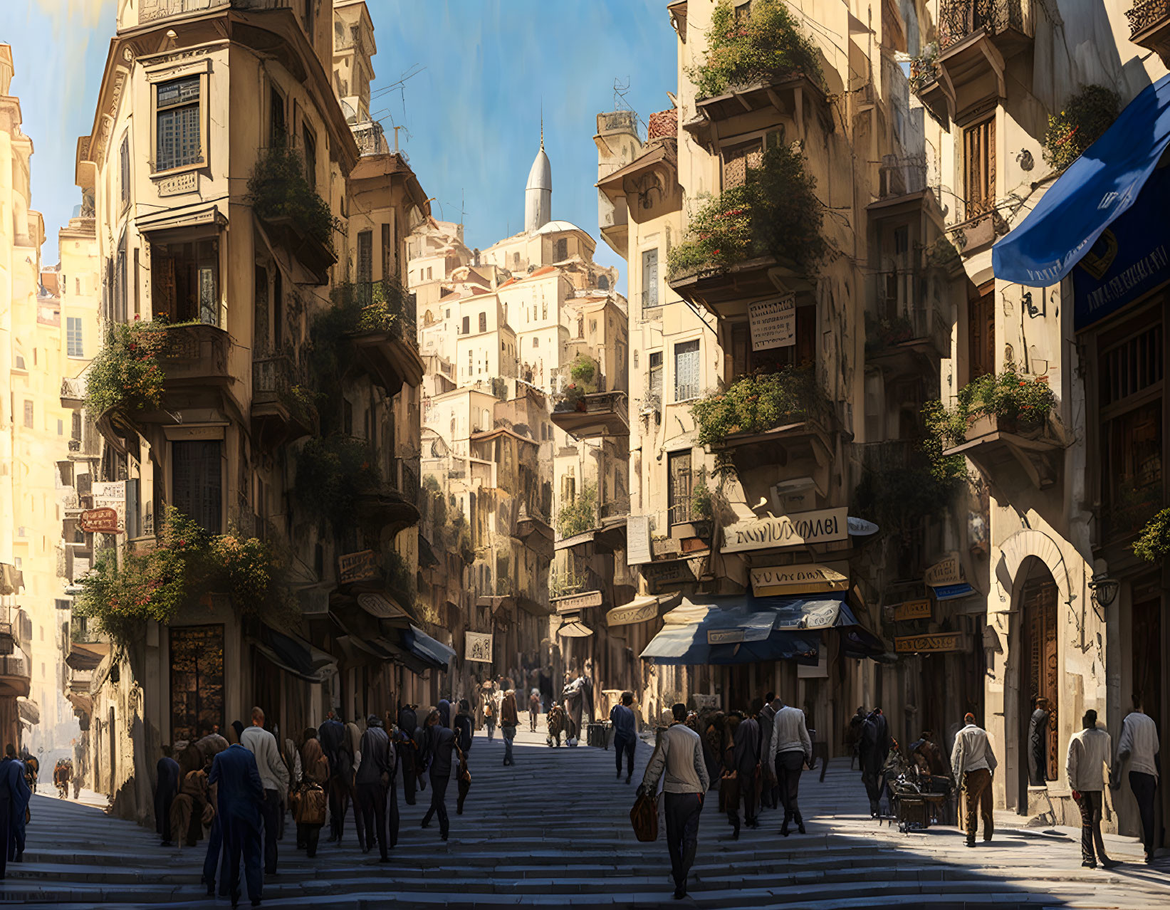 Busy urban street with pedestrians, tall buildings, balconies, green plants, and distant white dome.