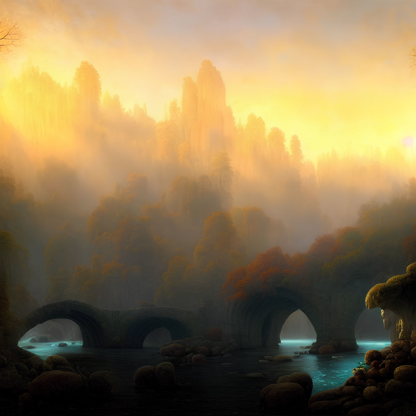 Tranquil river with stone bridges, misty autumn forests, and towering cliffs