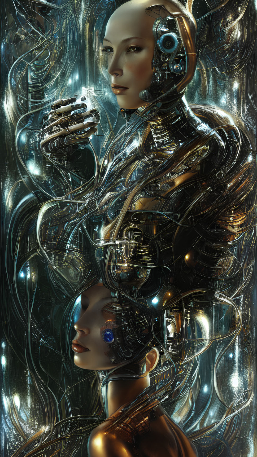 Hyper-realistic female androids with intricate cybernetic details in a futuristic setting.