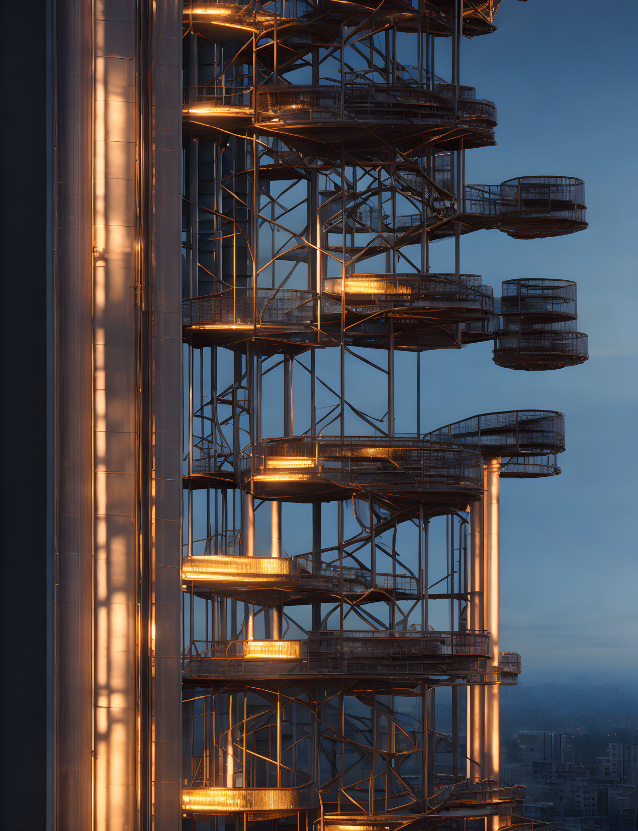 Skyscraper exterior with illuminated metal fire escape at twilight