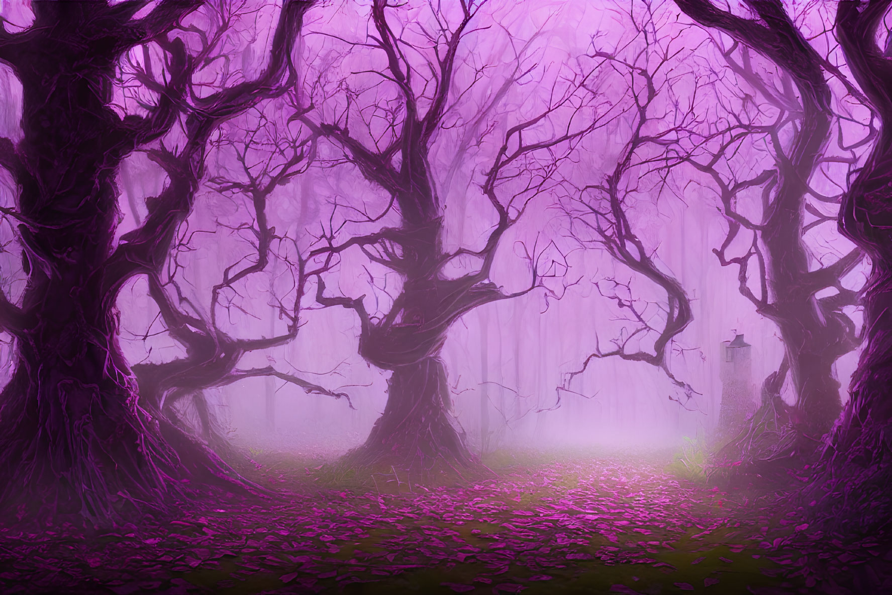 Mystical Purple Forest with Twisted Trees and Ethereal Fog