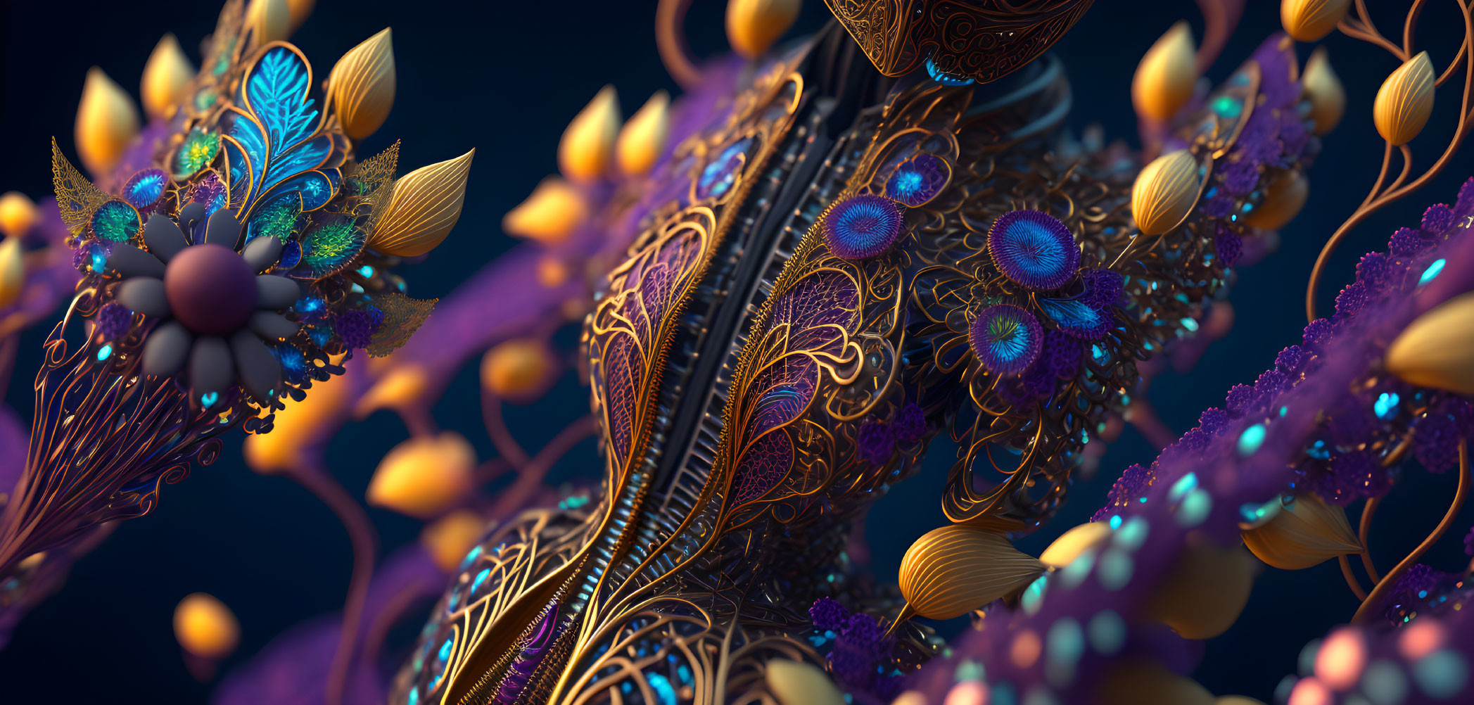 Colorful digital art with fractal peacock motifs
