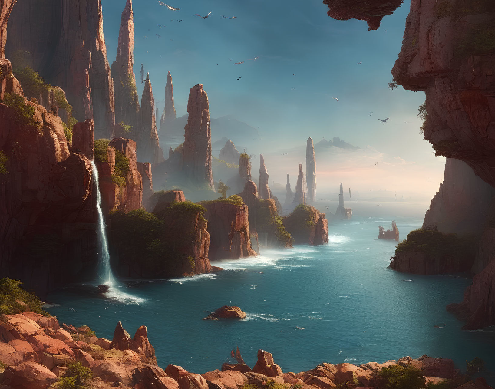 Majestic rock formations and waterfalls in a serene fantasy landscape