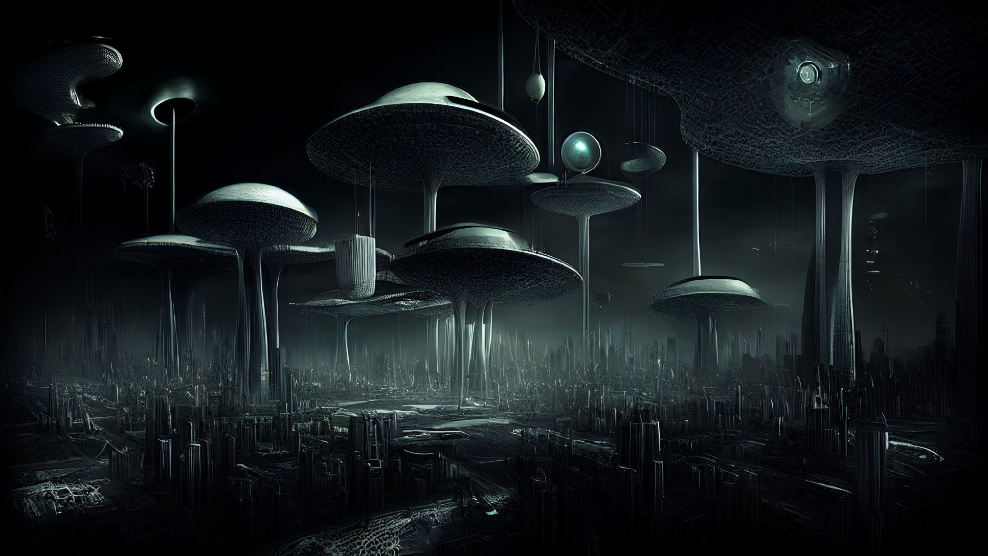 Futuristic night cityscape with towering structures and mushroom-shaped buildings