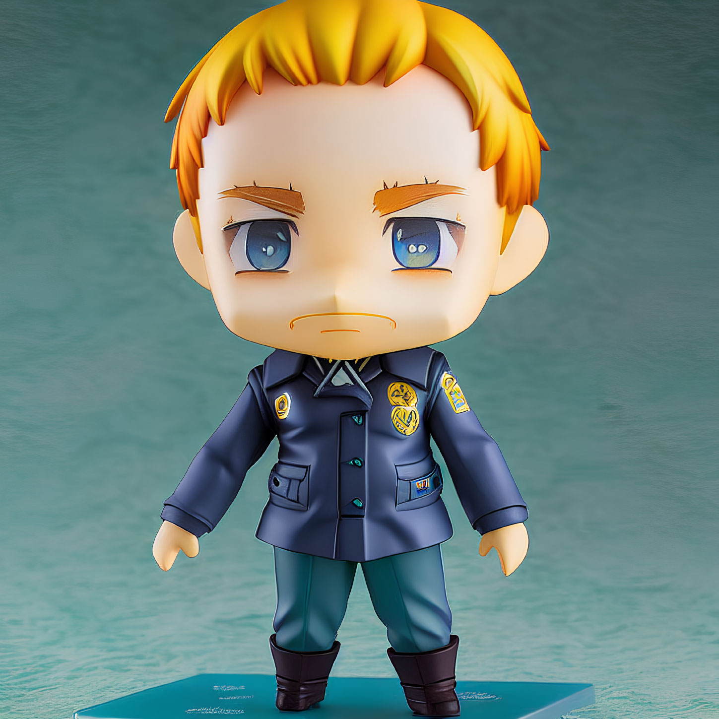 Blonde Male Chibi Figurine in Military Uniform on Blue Base