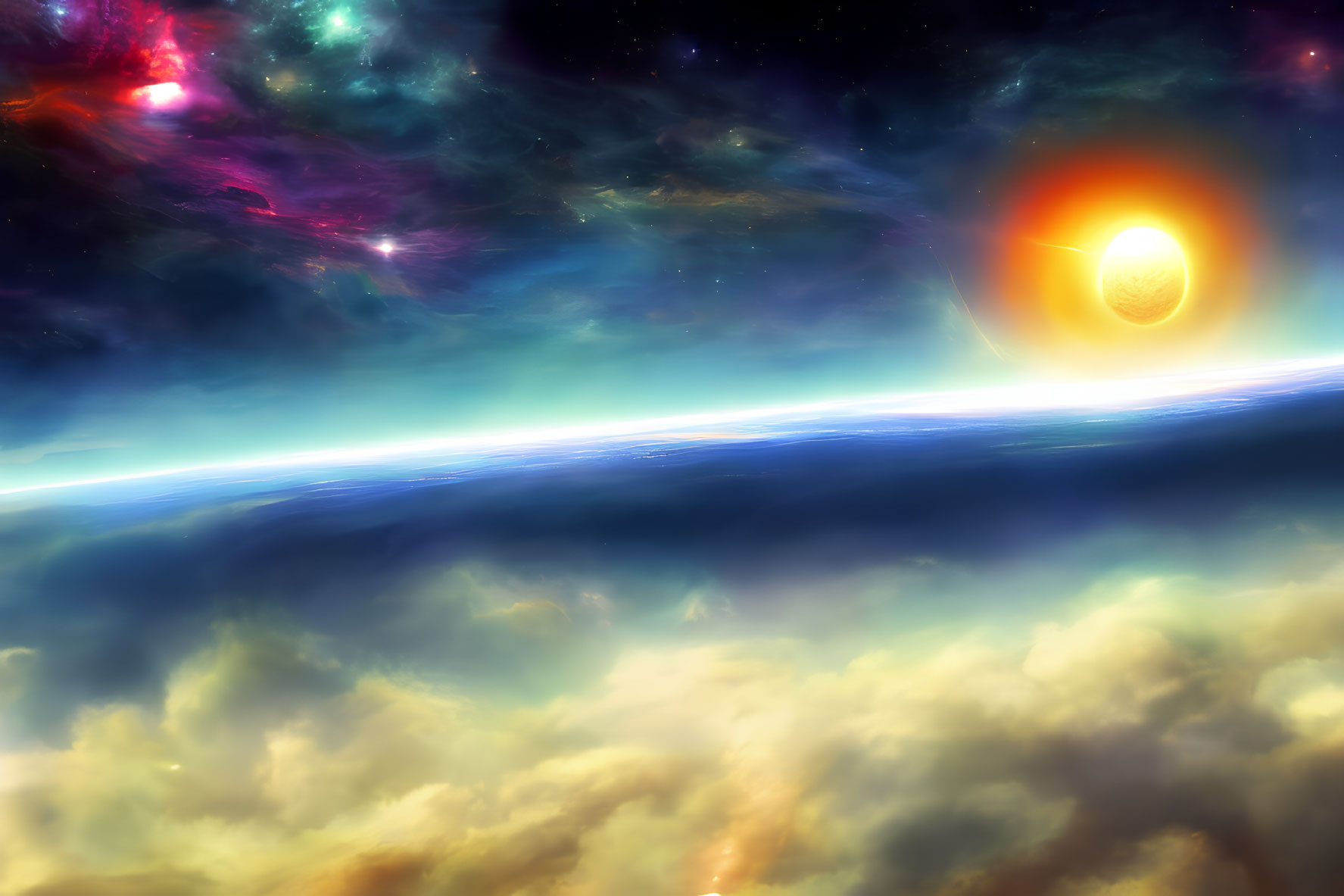 Colorful cosmic scene with orange planet, star's edge, nebulae, and stellar background