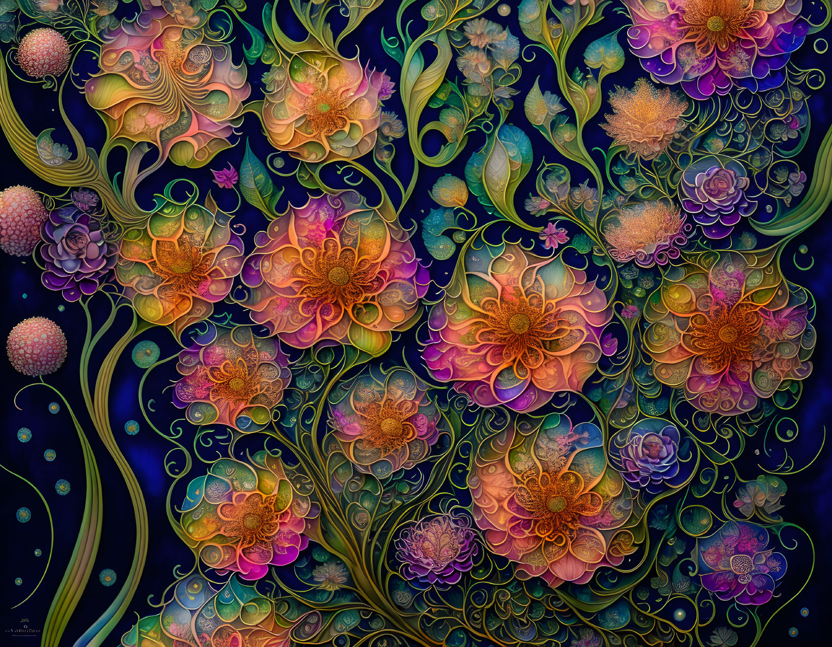 Colorful digital art: Stylized luminous flowers on dark background