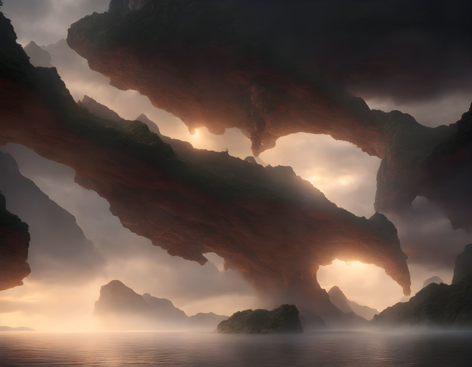 Mystical landscape: towering rocks, ethereal sunlight, calm waters