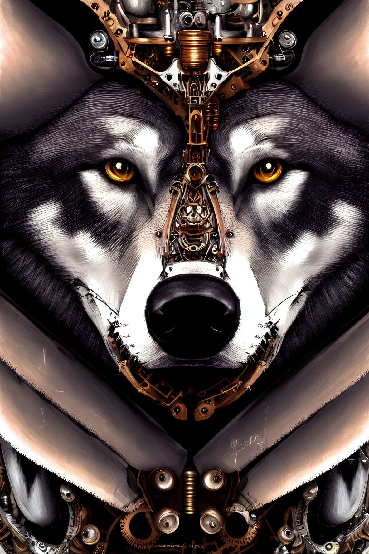 Detailed Illustration of Mechanized Wolf with Metal Parts and Yellow Eyes