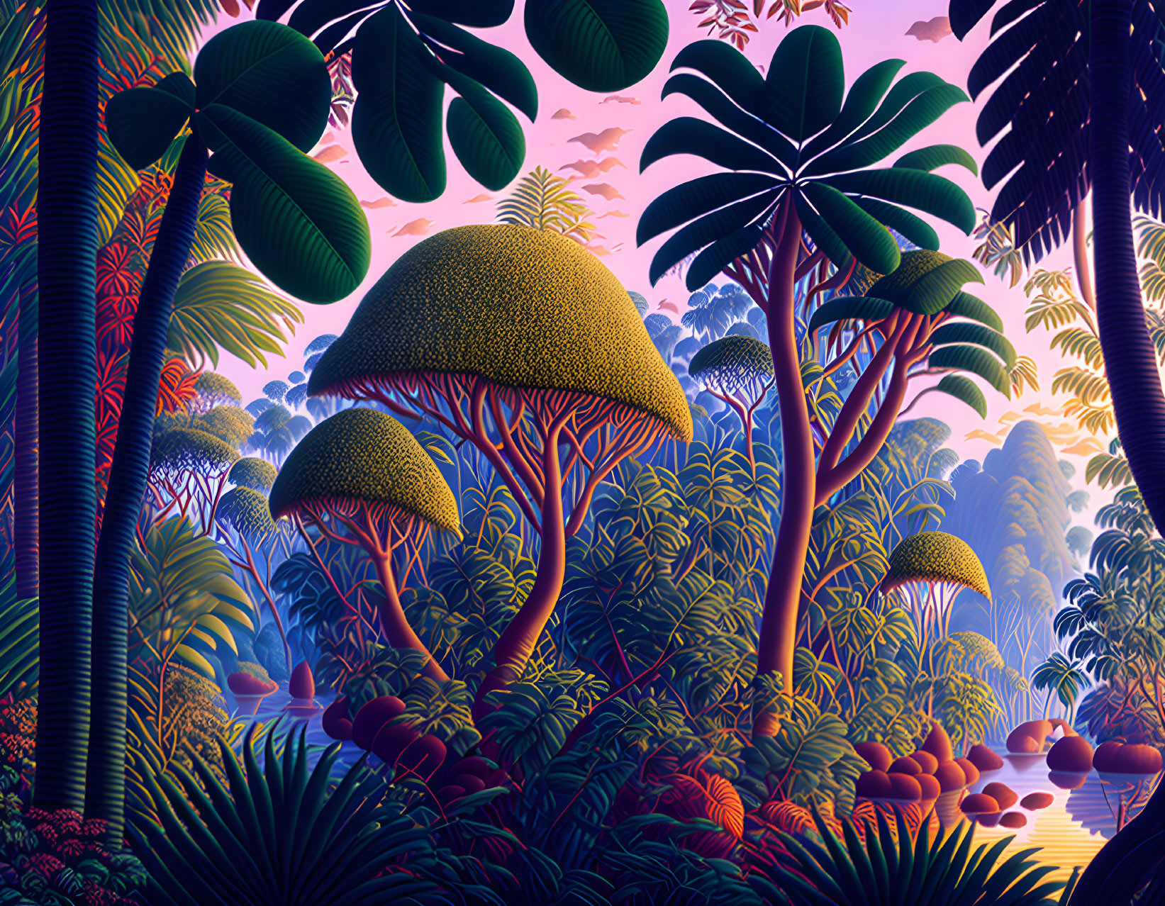 Fantastical jungle with mushroom trees and colorful twilight sky