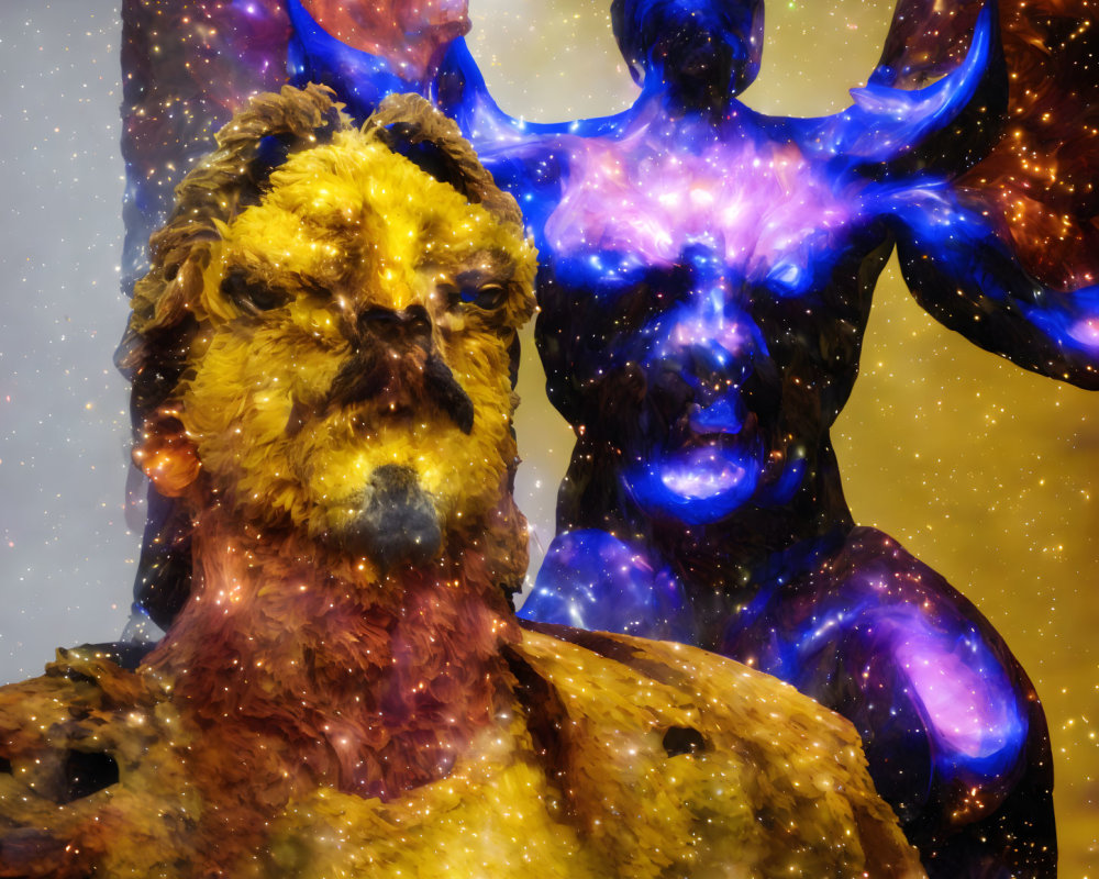 Surreal cosmic entities in golden and deep blue against starry backdrop