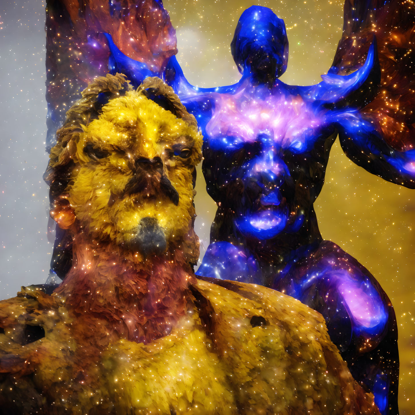 Surreal cosmic entities in golden and deep blue against starry backdrop