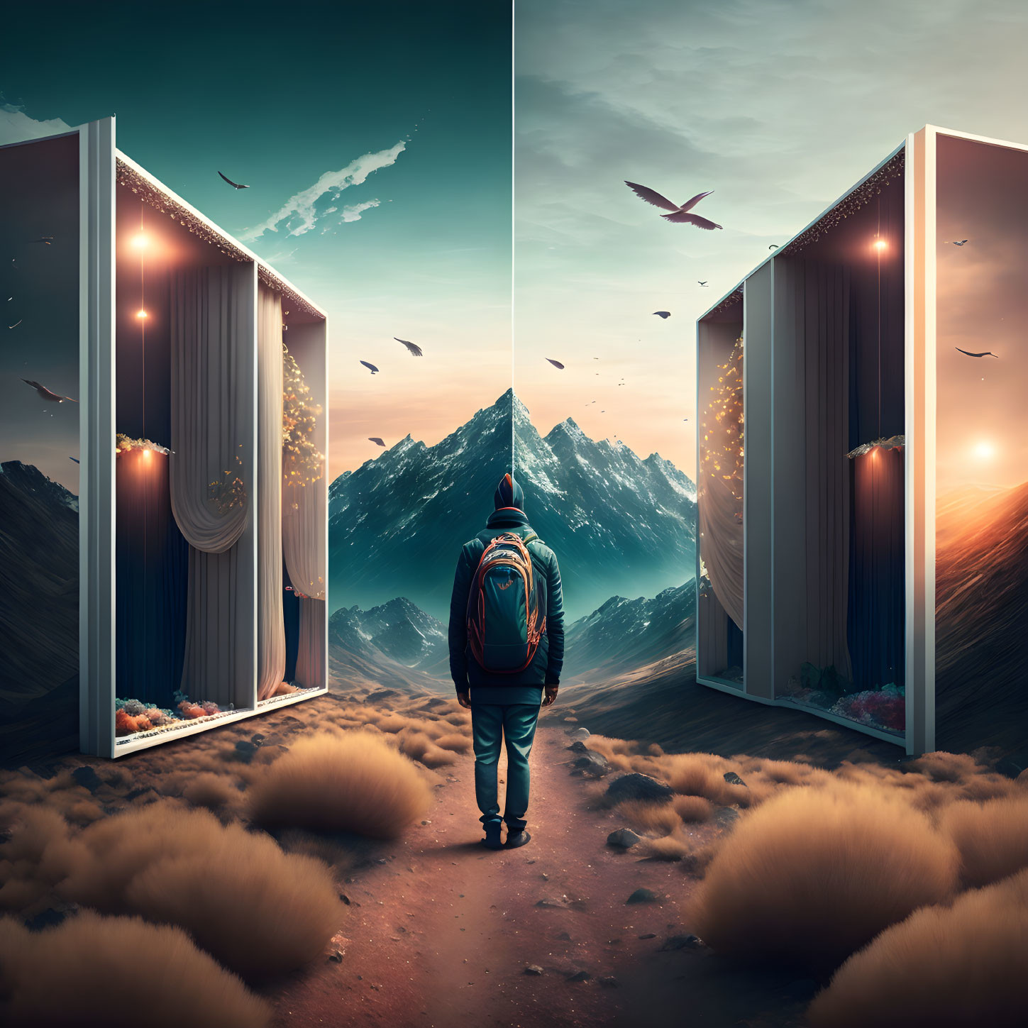 Person standing between two giant open books with split pathway in surreal landscape.