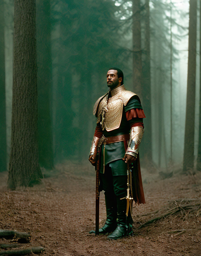 Medieval knight in ornate armor in misty forest