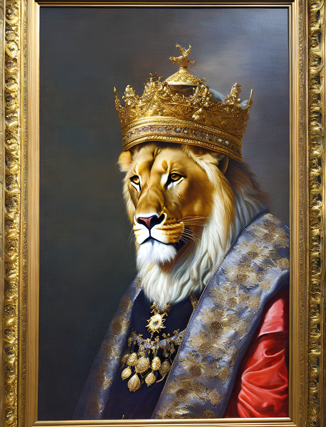 Realistic lion portrait in royal attire and crown, human-like posture, elaborate frame