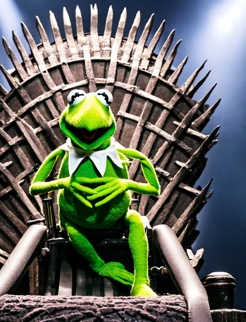 Plush Kermit the Frog on Iron Throne replica against dark background