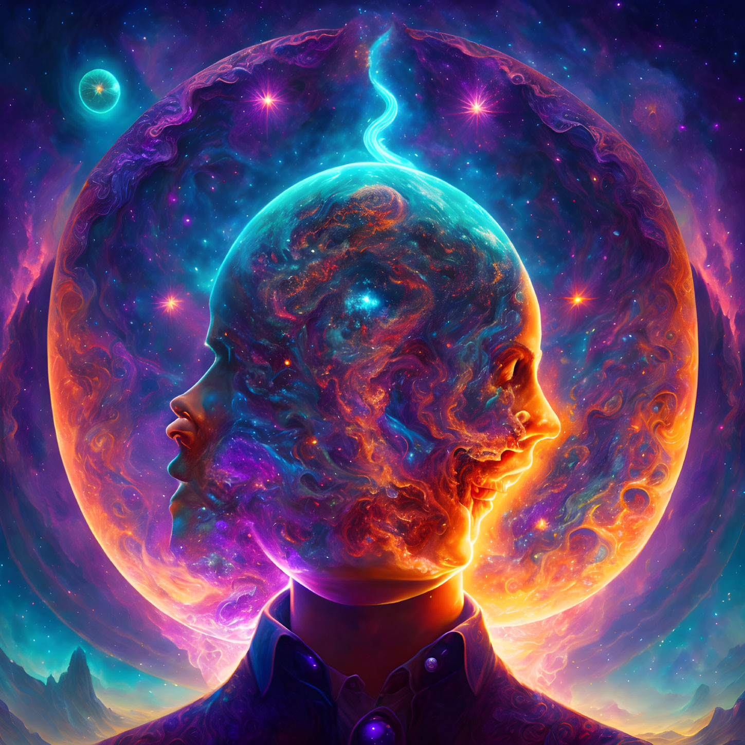 Colorful cosmic artwork: Silhouetted profiles in galaxy-filled minds