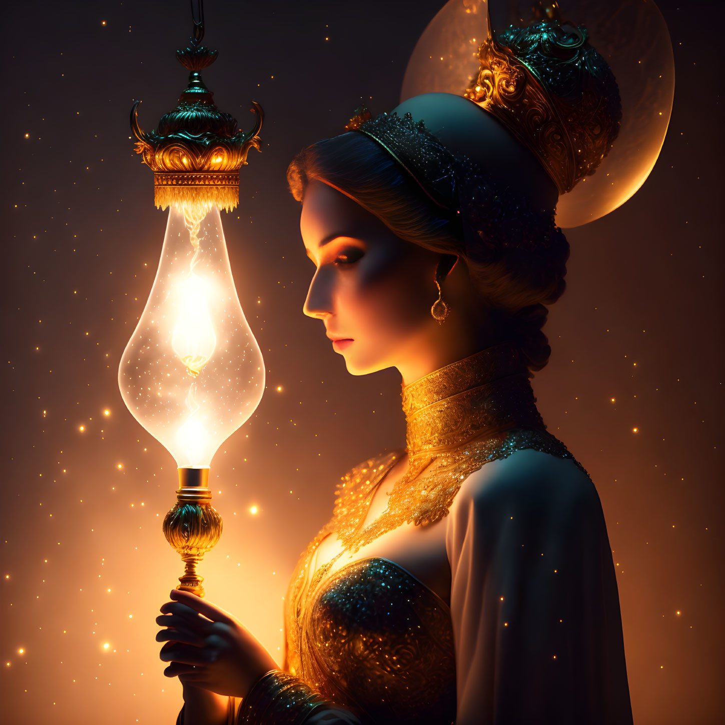 Regal woman in golden gown with glowing lantern on starry backdrop