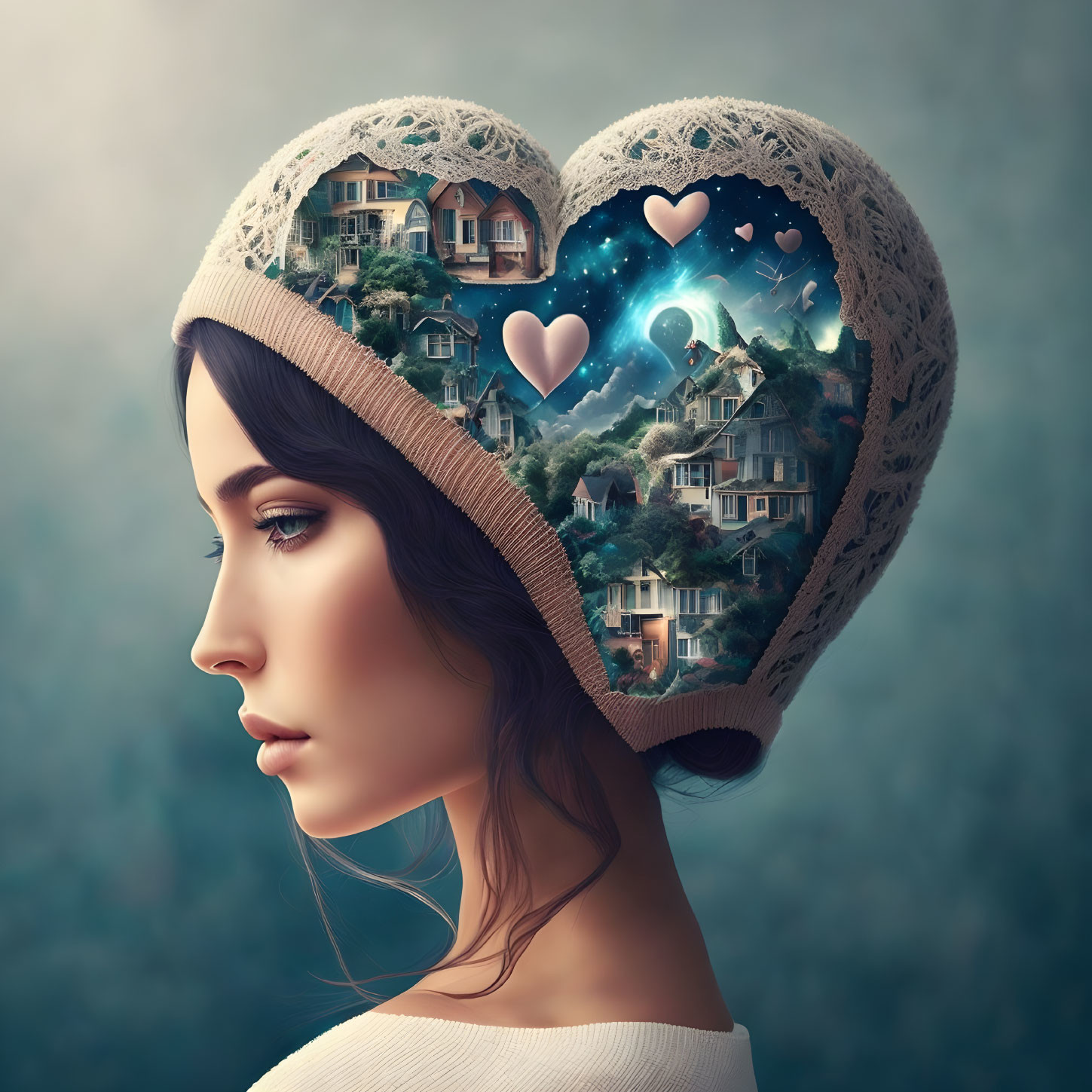 Woman's profile with heart-shaped lace hat showing village and night sky.