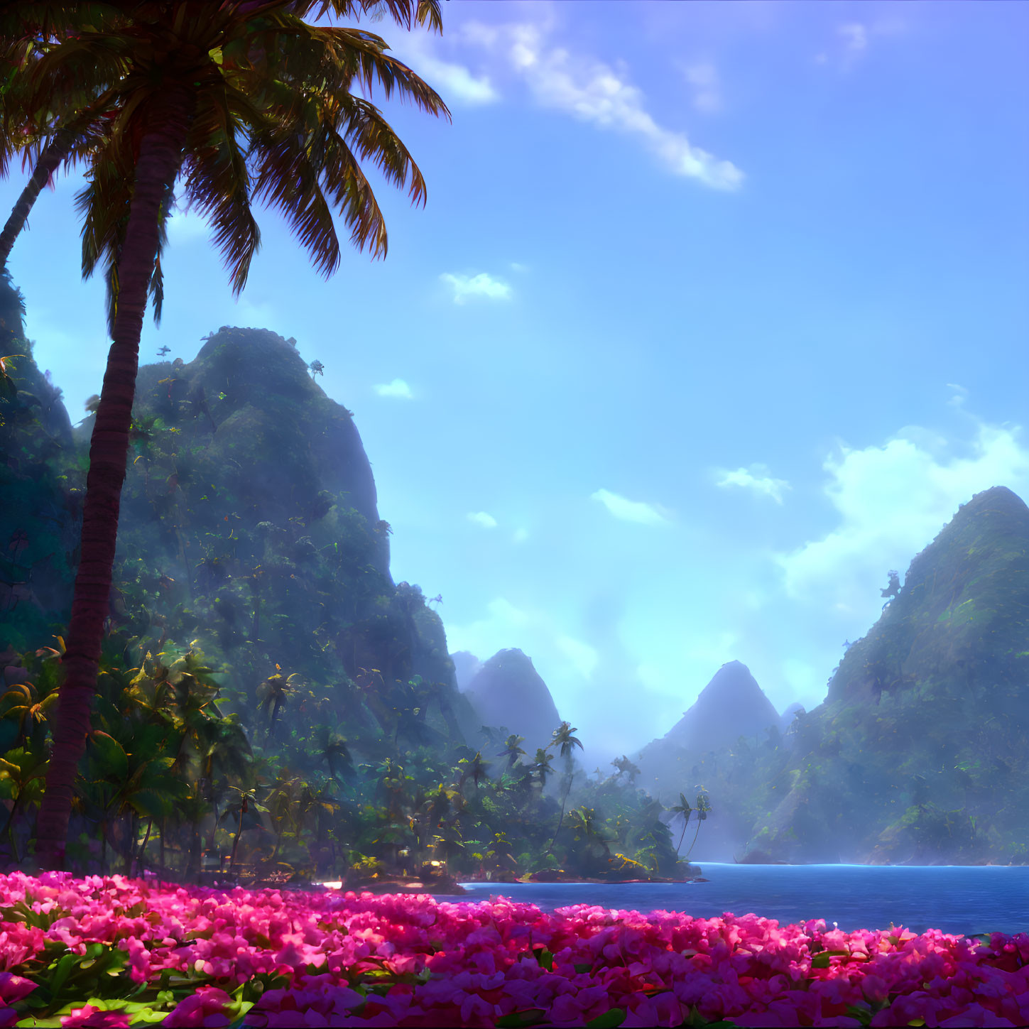 Scenic tropical landscape with pink flowers, palm trees, misty mountains, and tranquil blue sea