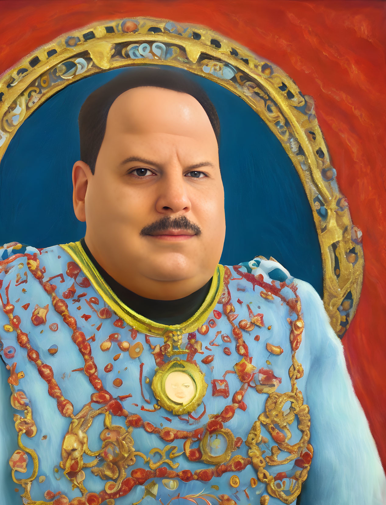 Portrait of man styled as noble in blue and gold attire with mustache against red background