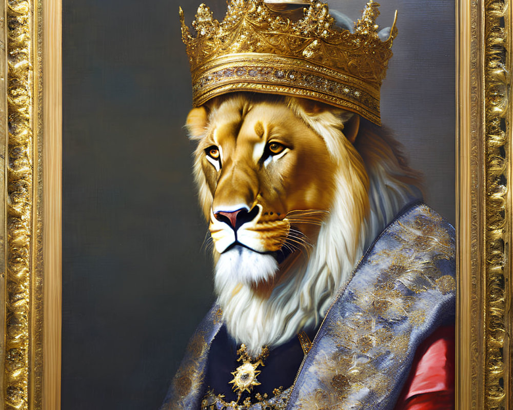 Realistic lion portrait in royal attire and crown, human-like posture, elaborate frame