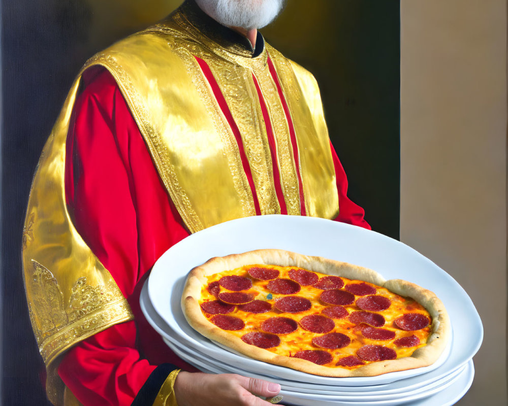 Smiling man in red and gold robe with stack of plates and pizza