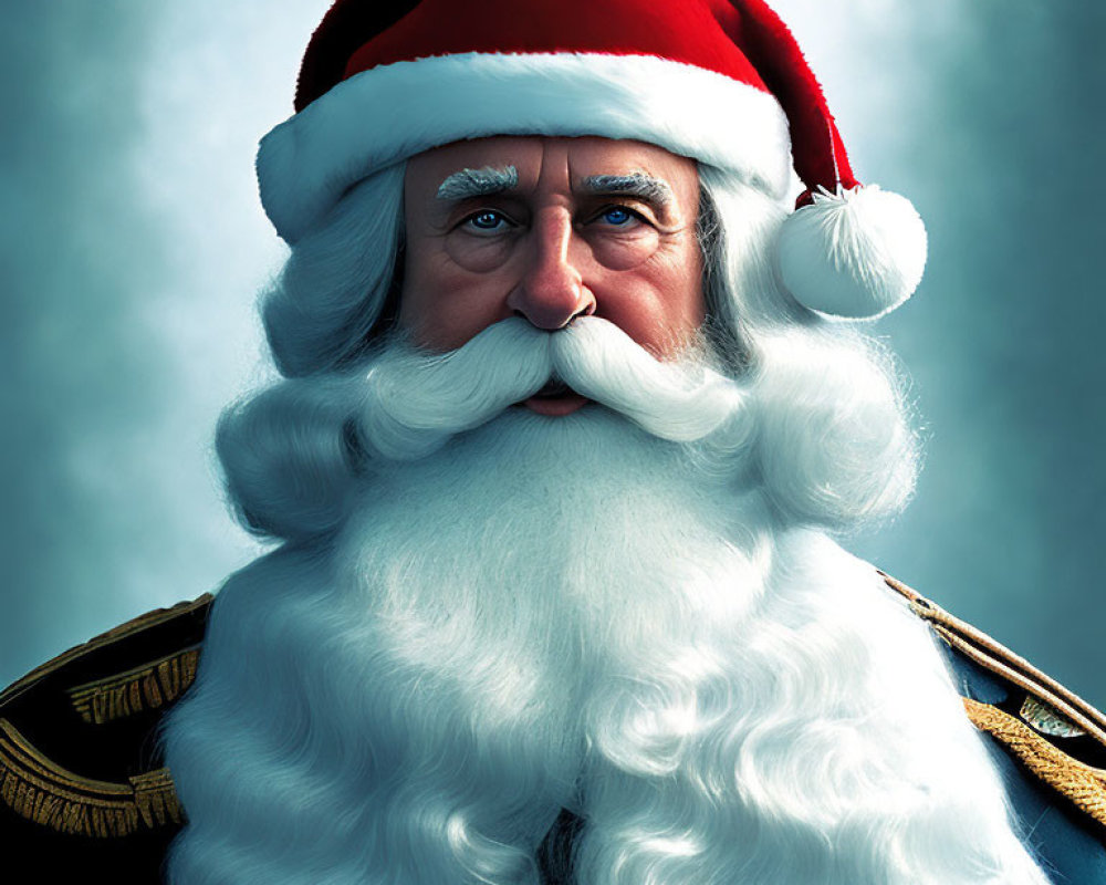 Realistic Santa Claus illustration with white beard and red hat on blue background