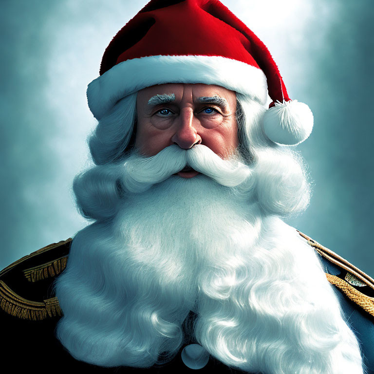 Realistic Santa Claus illustration with white beard and red hat on blue background