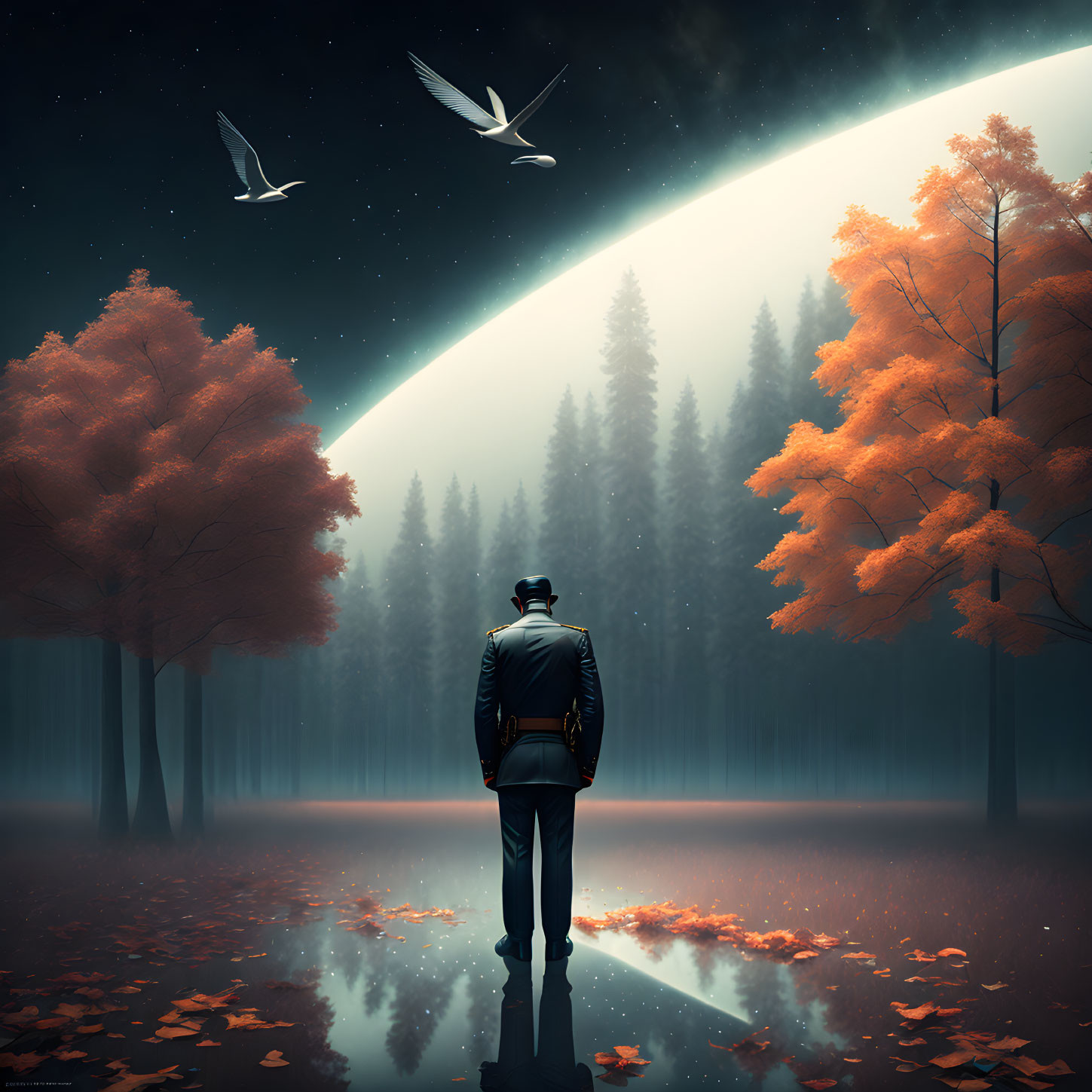 Man in suit gazes at giant crescent moon in misty forest with orange leaves and white birds