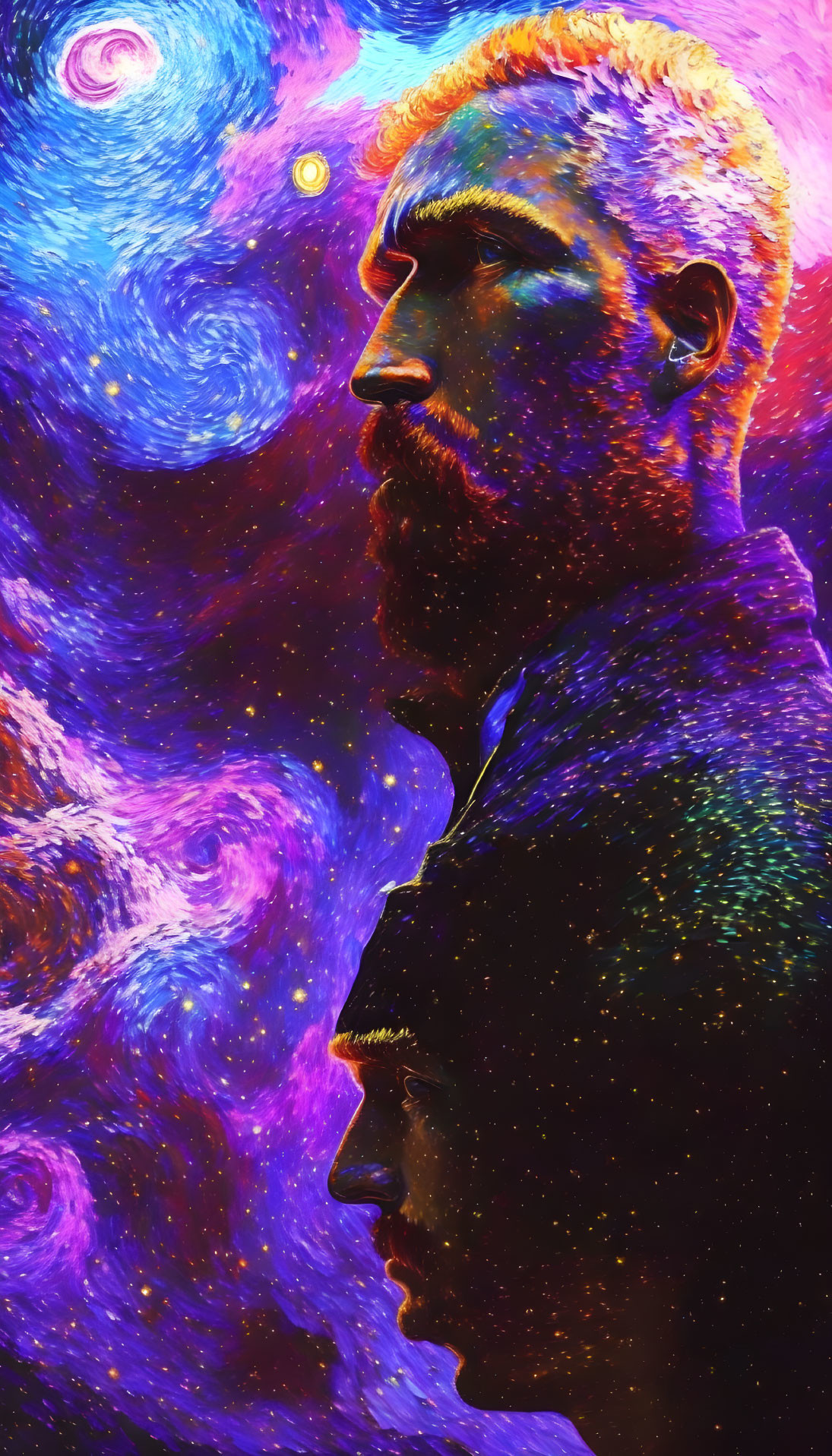 Colorful portrait of a bearded man with cosmic galaxy patterns in purple and blue.