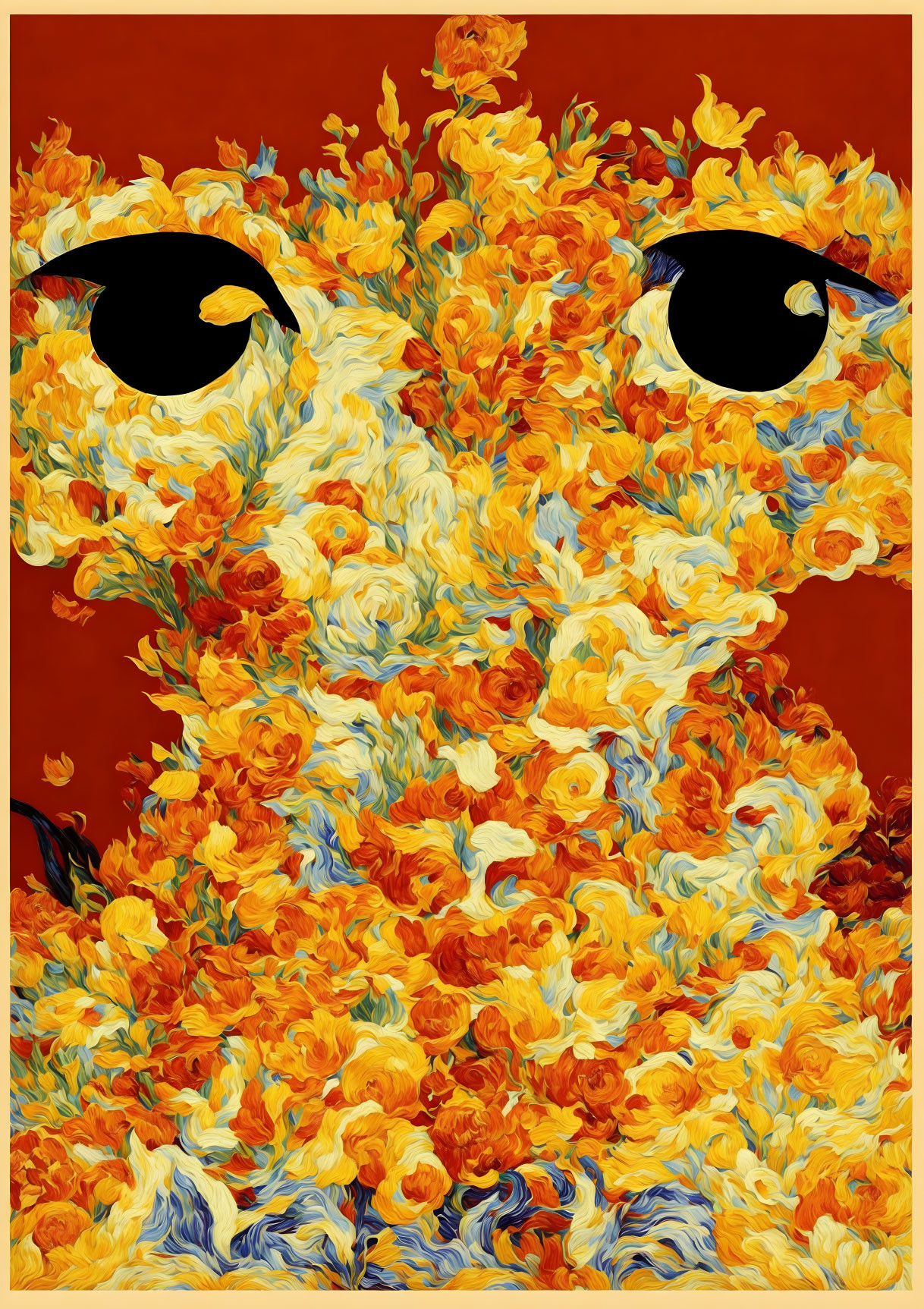 Cat camouflaged in vibrant field of yellow and orange flowers with piercing black eyes.