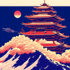 Red Pagoda Illustration with Stylized Clouds and Red Sun