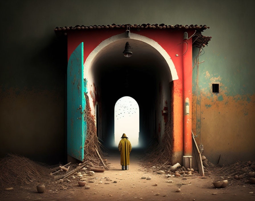 Person in Yellow Coat at End of Dimly Lit Arched Tunnel gazes at Sky with Birds