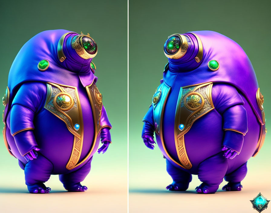 Stylized animated character in blue-purple suit with gemstones on gradient background