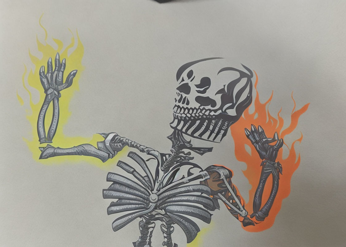 Skeleton Sticker with Flaming Head and Hands on White Surface