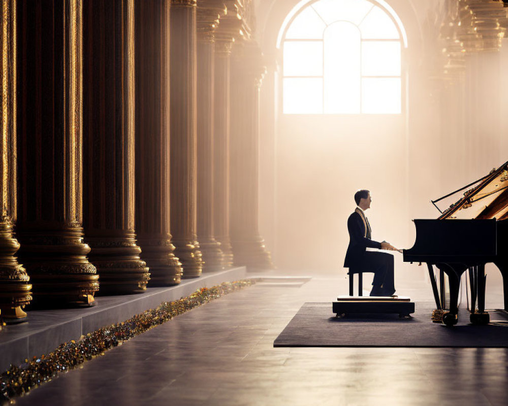 Man in formal suit plays grand piano in ornate hall with tall columns