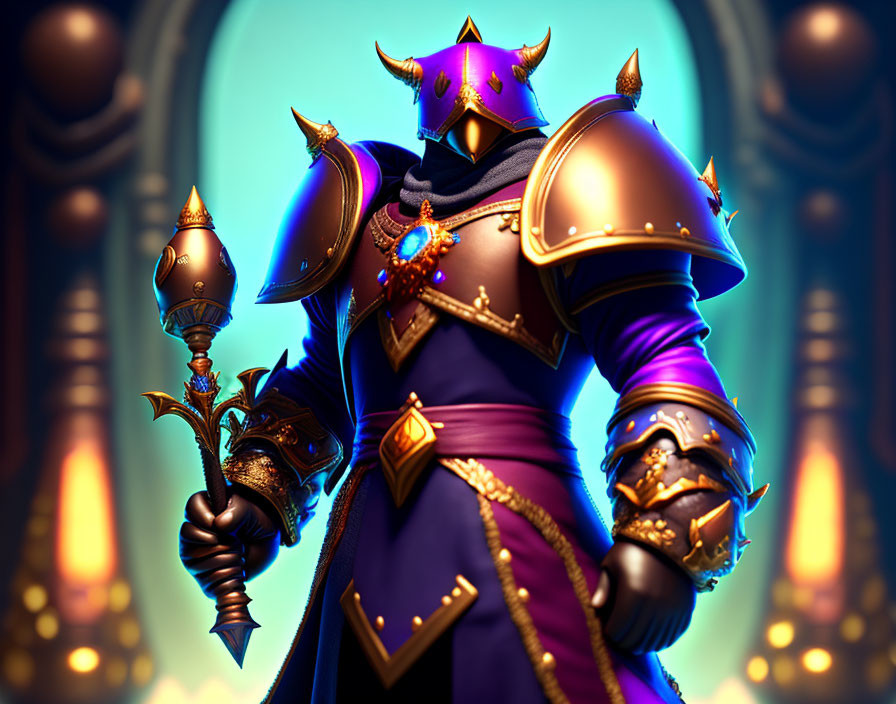 Knight in Purple & Gold Armor with Scepter by Arched Doorways