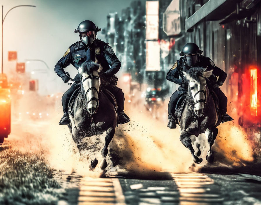 Police officers on horseback galloping in urban setting with emergency lights and dust.