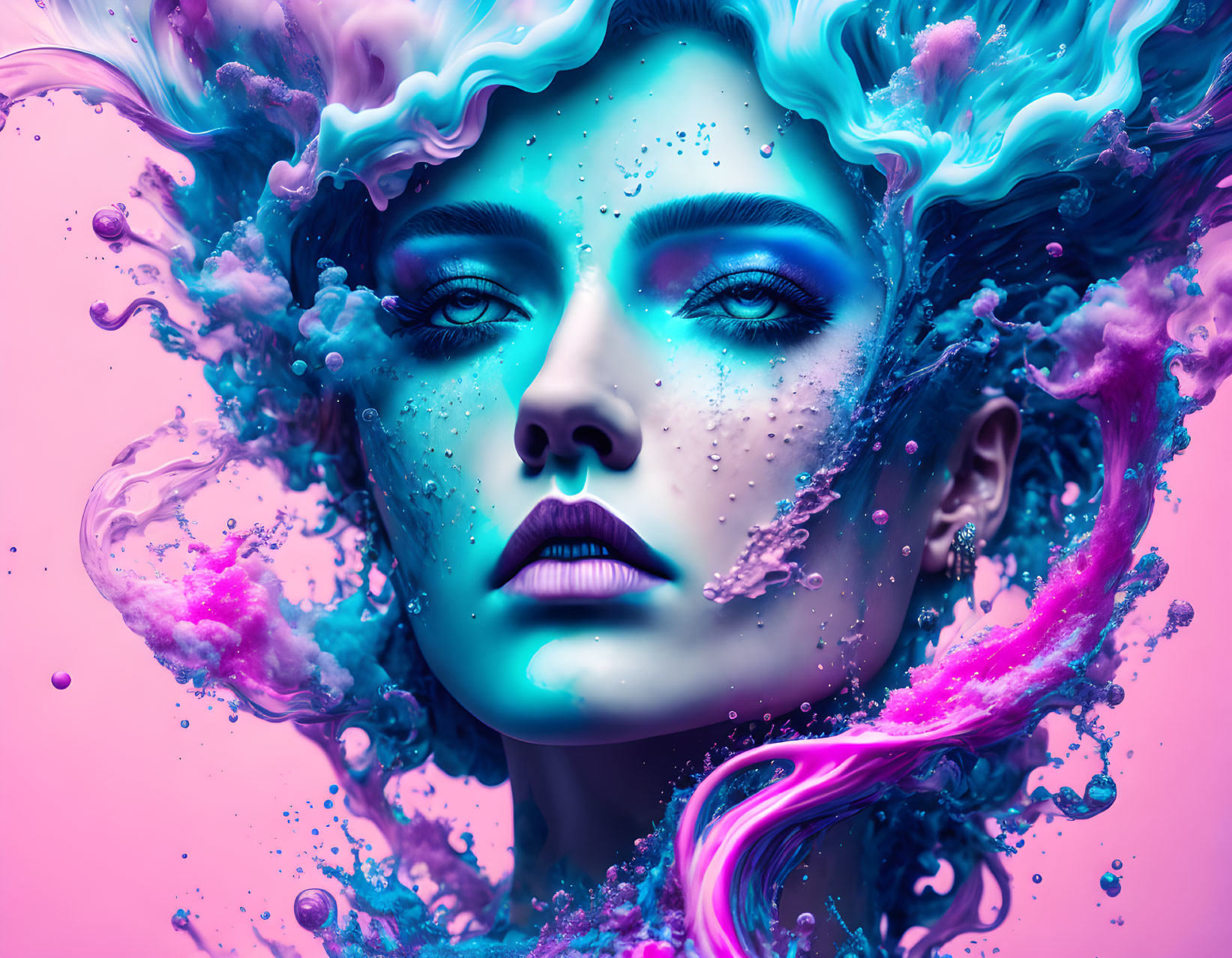 Vibrant blue and pink liquid splashes in surreal portrait